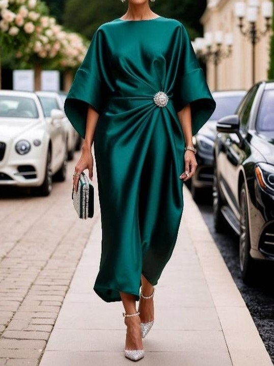 Draped Satin Cape Midi Dress