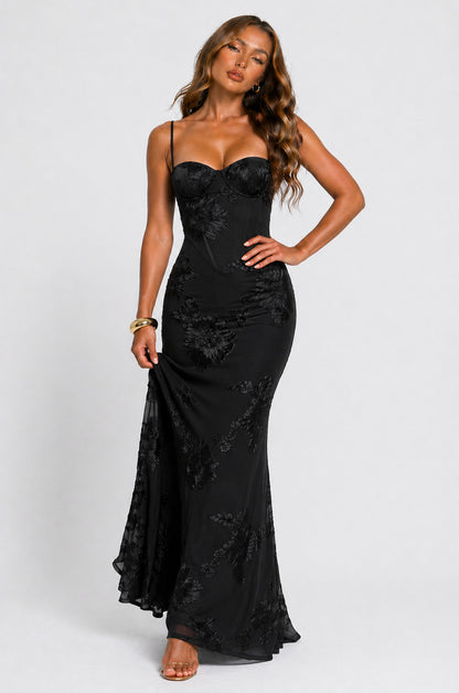 Embroidered Corset Sweetheart Maxi Dress