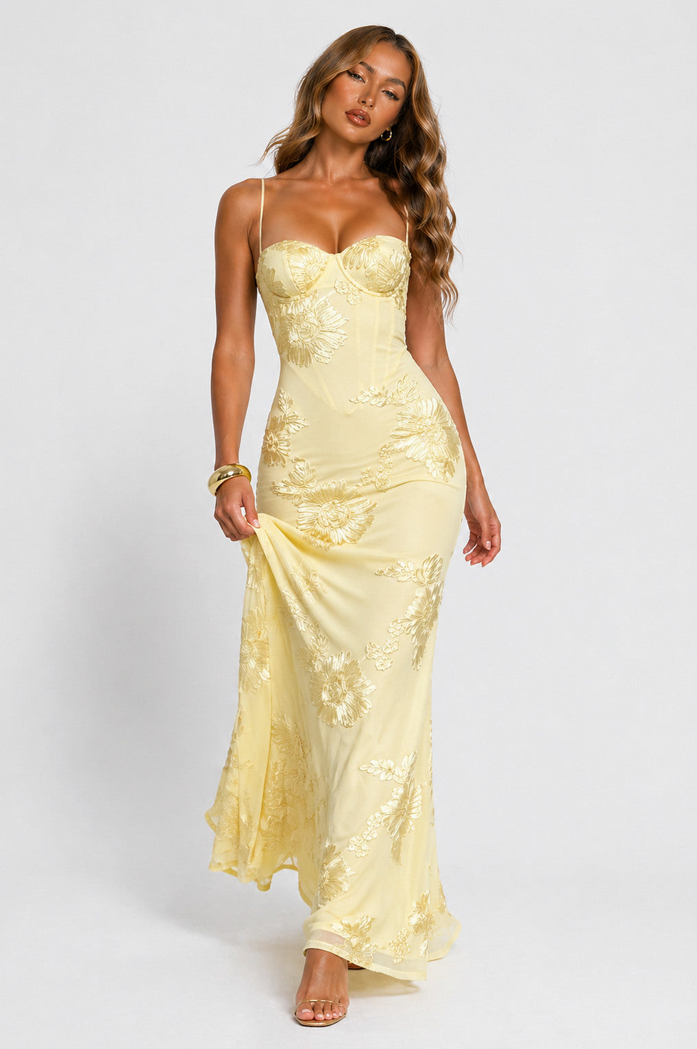 Embroidered Corset Sweetheart Maxi Dress