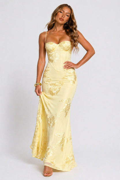 Embroidered Corset Sweetheart Maxi Dress