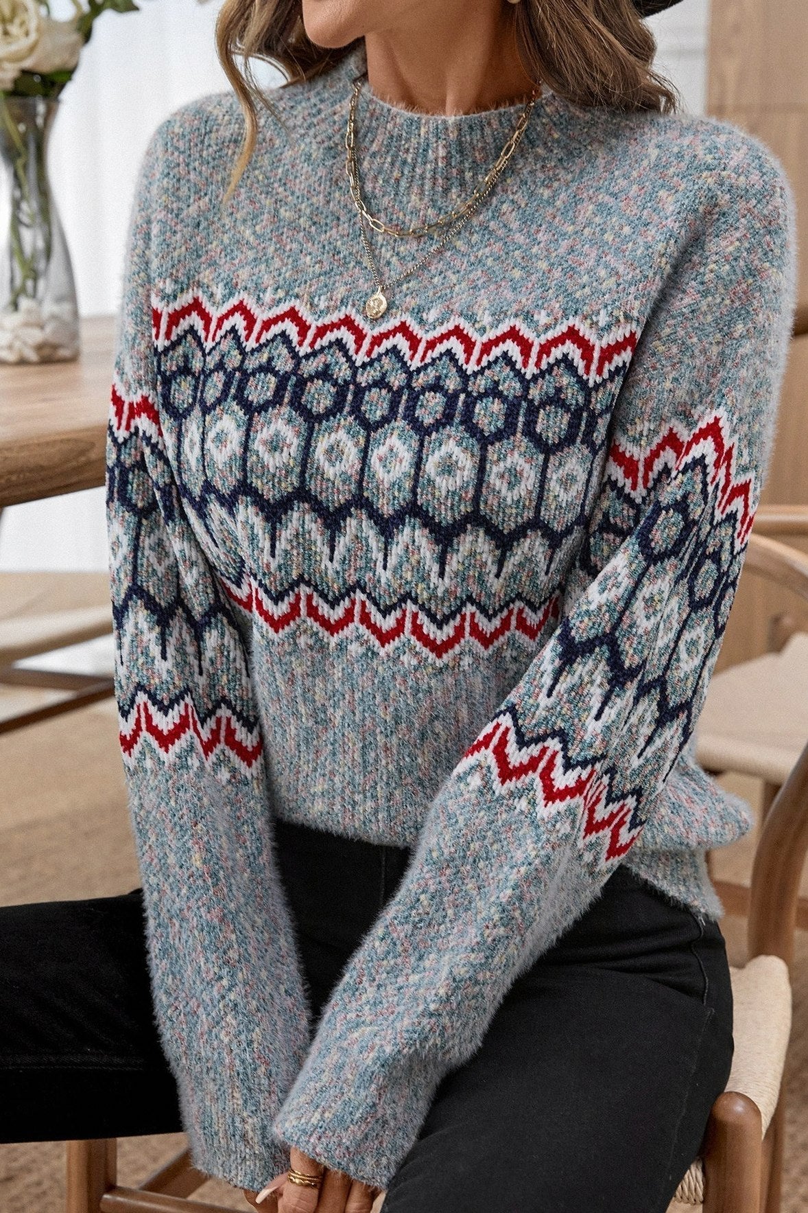 Fair Isle Mock Neck Knit Sweater