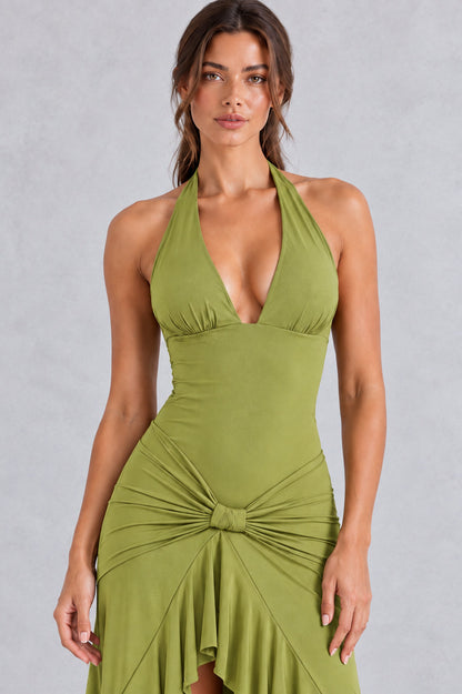 Fitted Halter Ruffle Maxi Dress