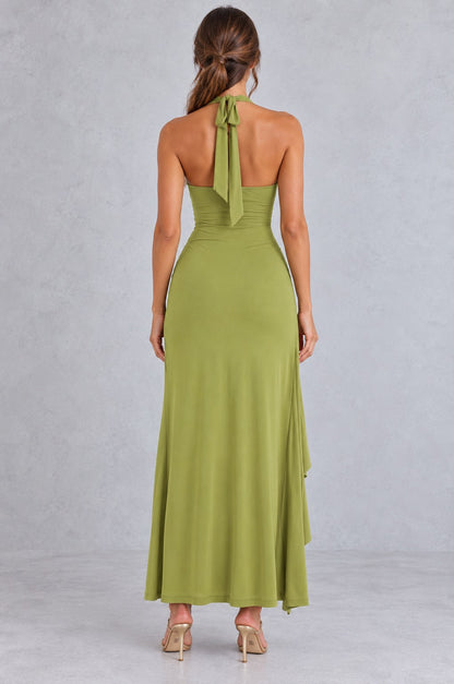 Fitted Halter Ruffle Maxi Dress