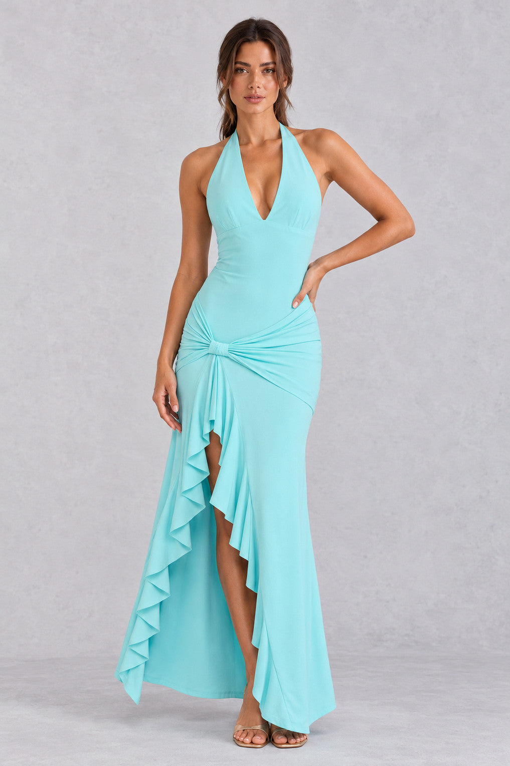 Fitted Halter Ruffle Maxi Dress