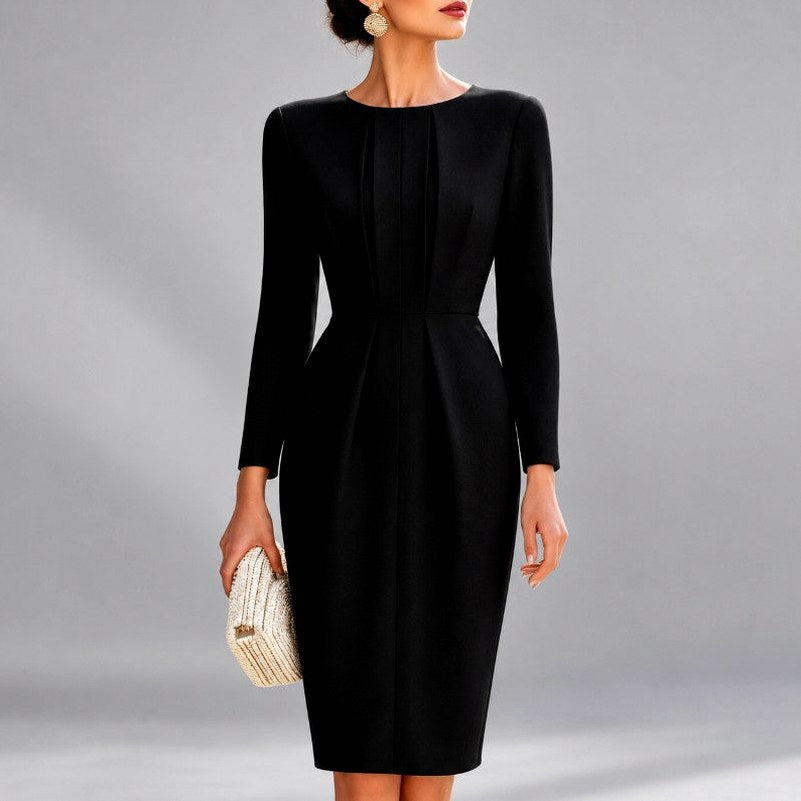 Fitted Pleated Long Sleeve Midi Dress