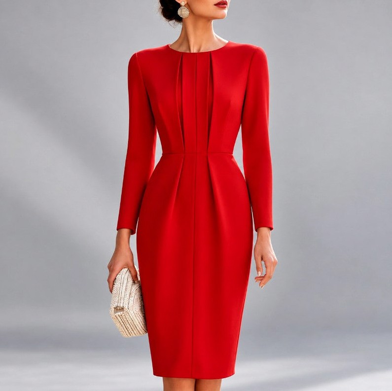 Fitted Pleated Long Sleeve Midi Dress