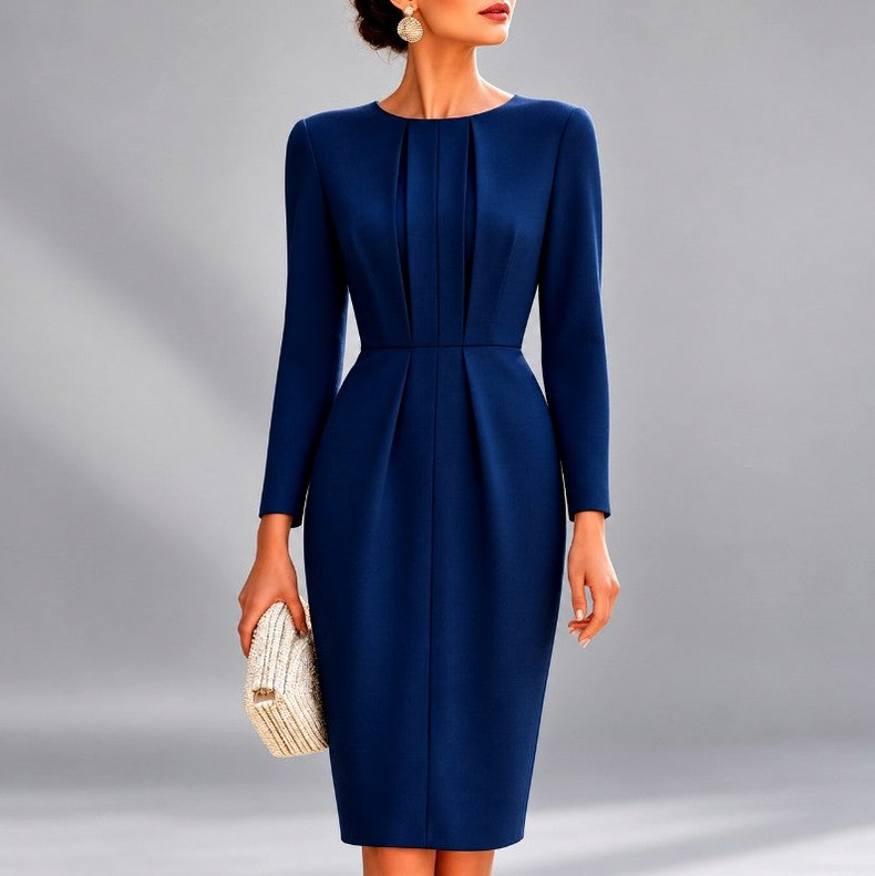 Fitted Pleated Long Sleeve Midi Dress