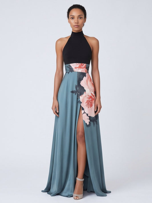Floral Halter A-Line Maxi Dress