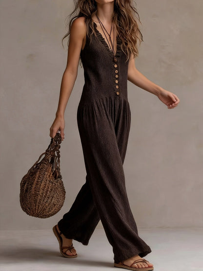 Gauze Button Front Wide Leg Jumpsuit