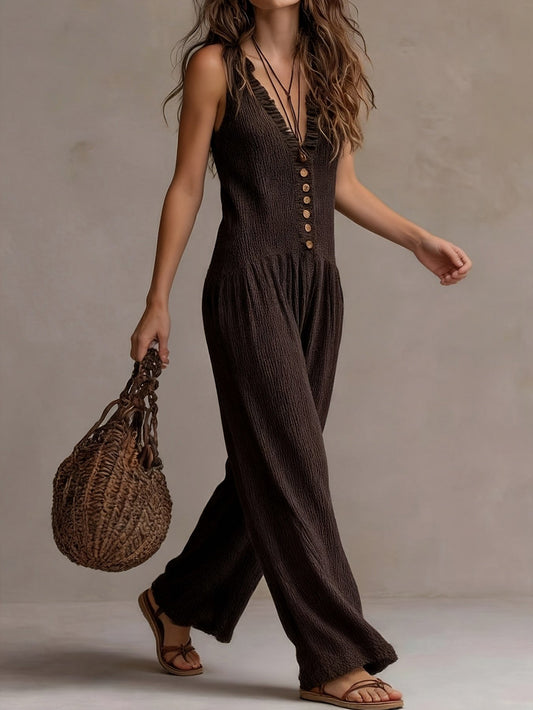 Gauze Button Front Wide Leg Jumpsuit