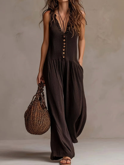 Gauze Button Front Wide Leg Jumpsuit
