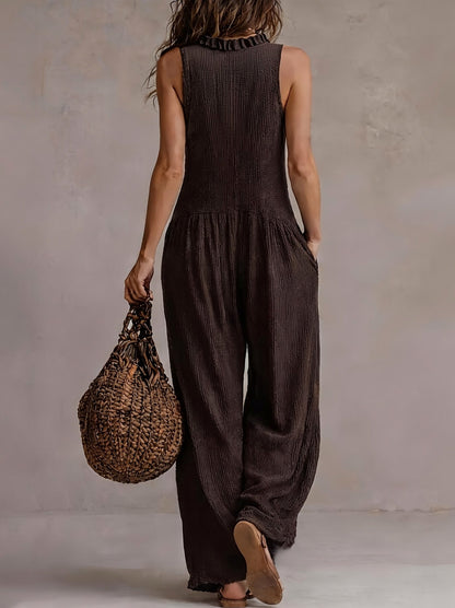 Gauze Button Front Wide Leg Jumpsuit