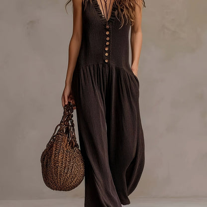 Gauze Button Front Wide Leg Jumpsuit