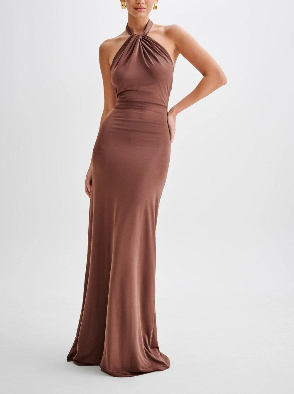 Halter Ruched Fitted Maxi Dress