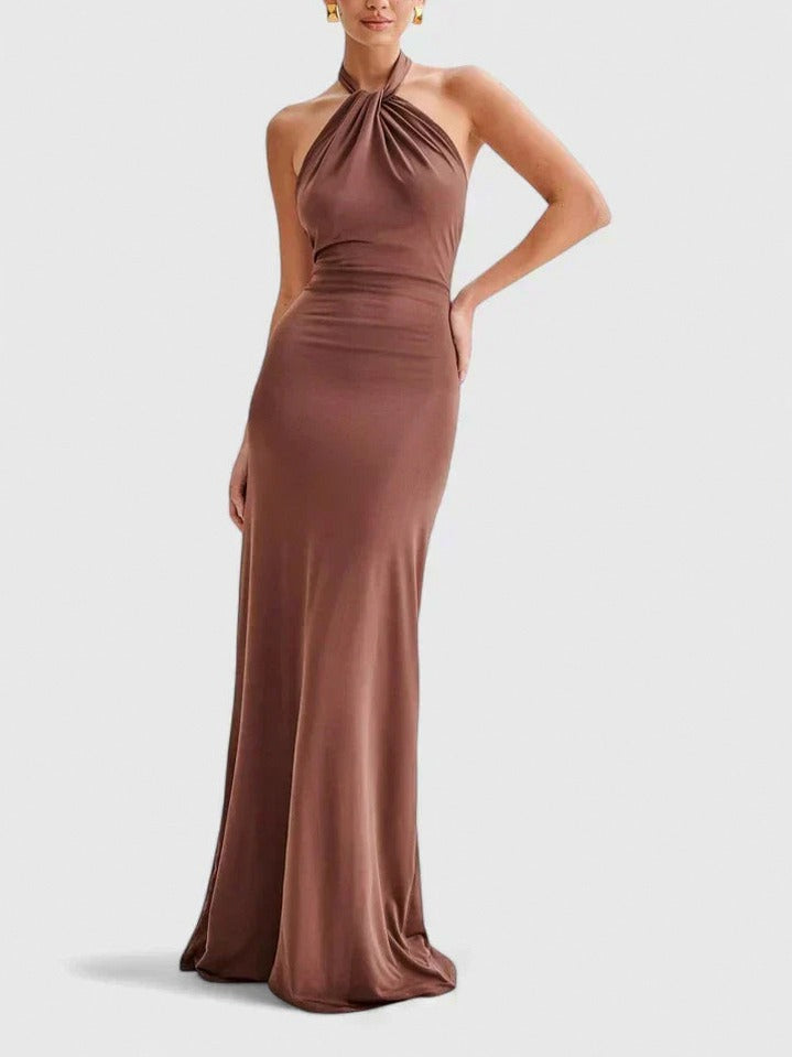Halter Ruched Fitted Maxi Dress