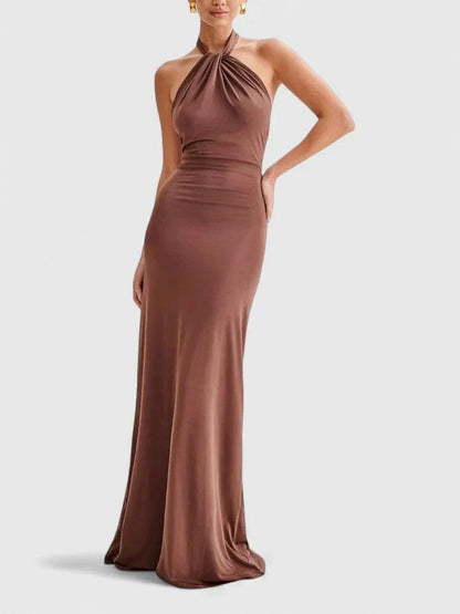 Halter Ruched Fitted Maxi Dress
