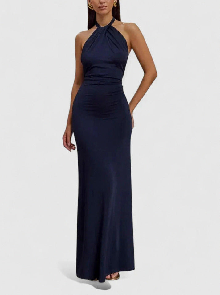Halter Ruched Fitted Maxi Dress