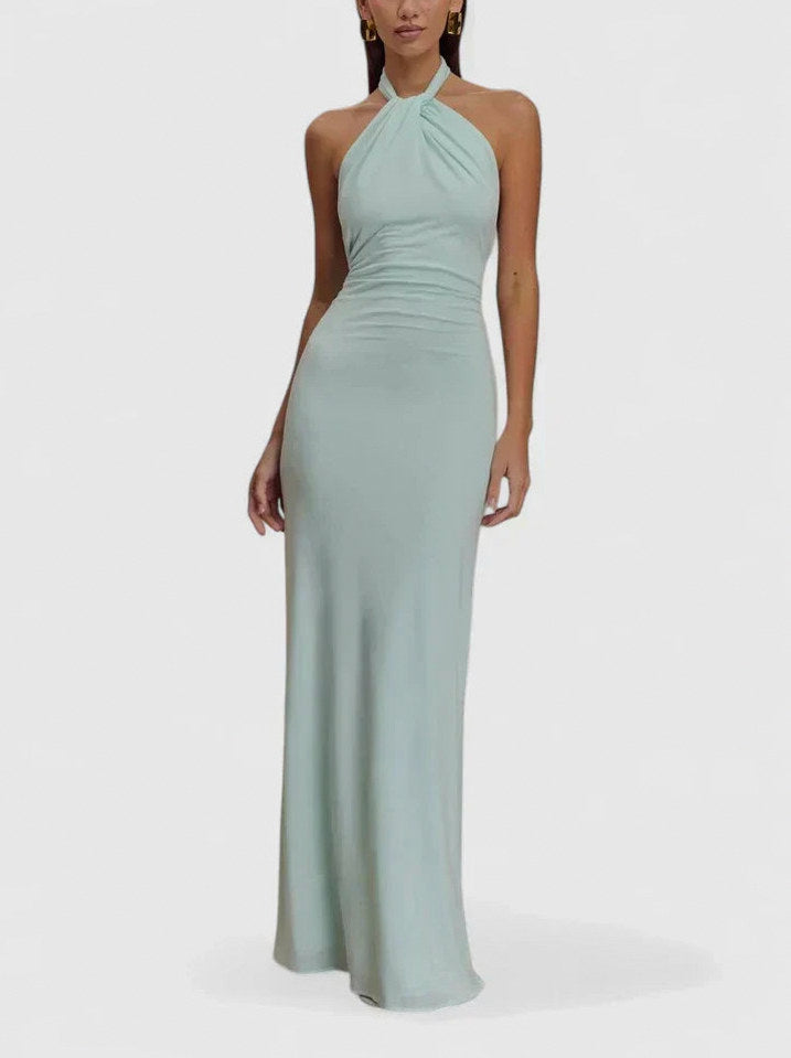 Halter Ruched Fitted Maxi Dress