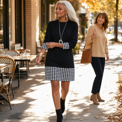 Houndstooth 3/4 Sleeve Mini Dress