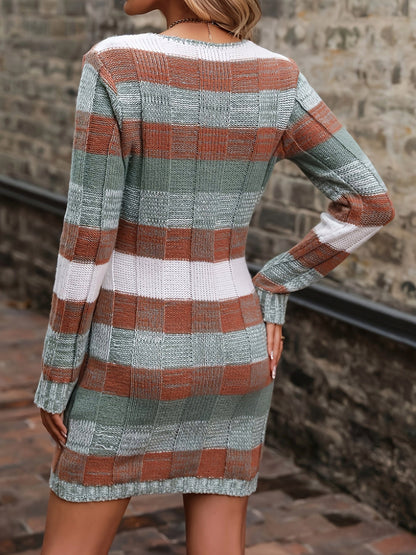 Knit Plaid Long Sleeve Mini Sweater Dress