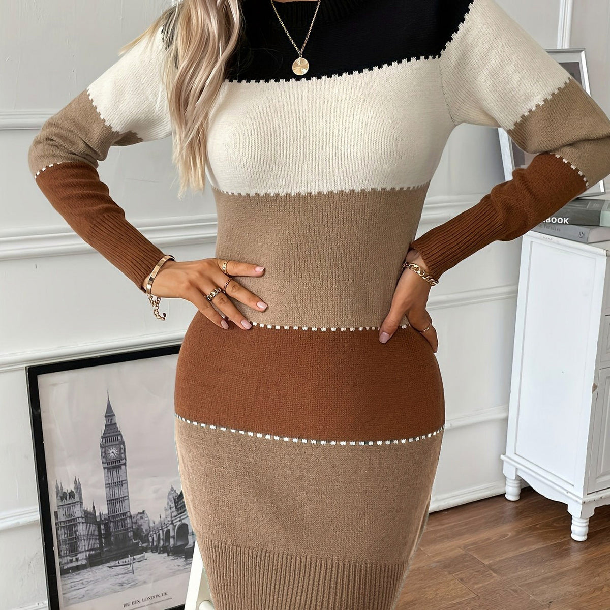 Knit Striped Long Sleeve Sweater Dress