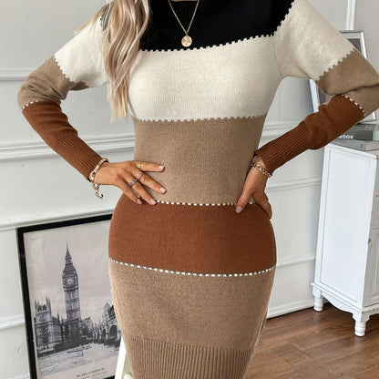 Knit Striped Long Sleeve Sweater Dress