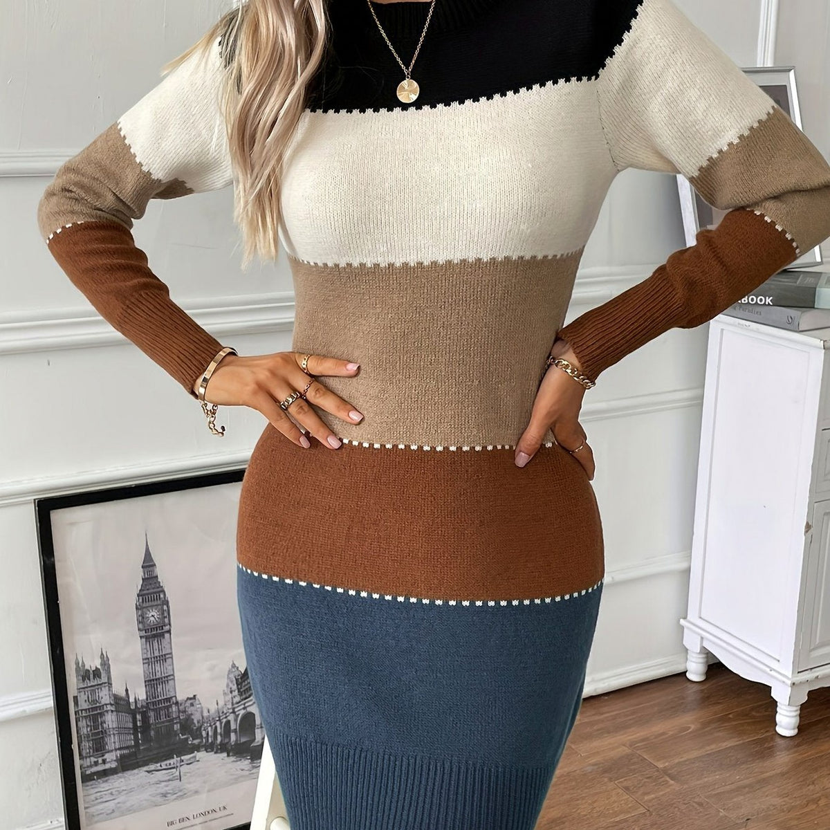 Knit Striped Long Sleeve Sweater Dress