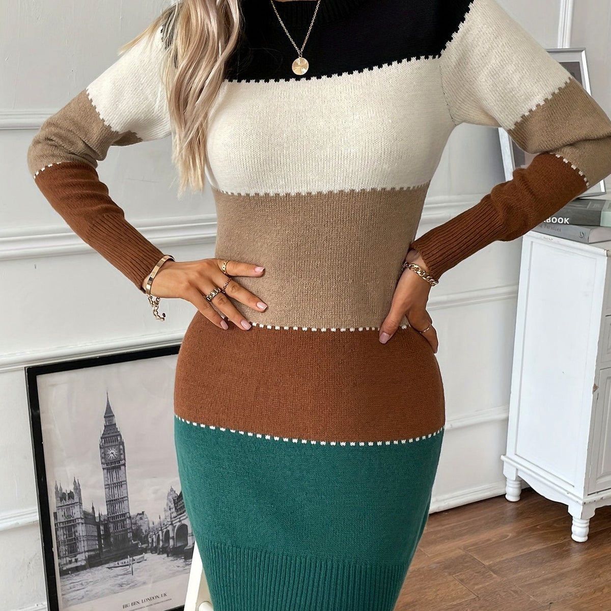 Knit Striped Long Sleeve Sweater Dress