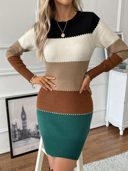 Knit Striped Long Sleeve Sweater Dress