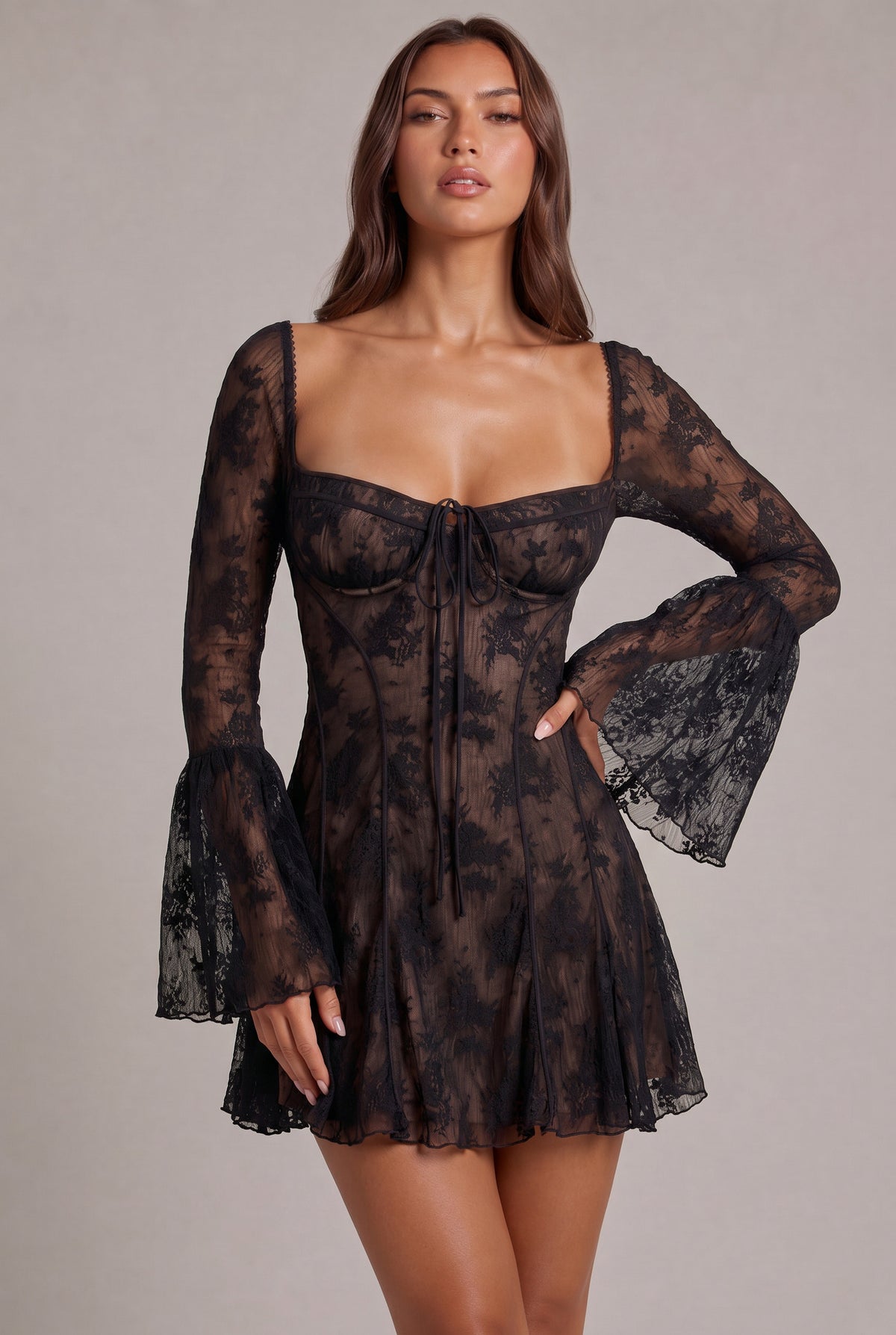 Lace Long Sleeve Corset Sweetheart Mini Dress