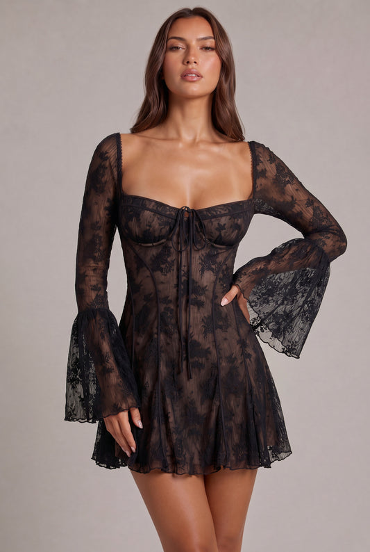 Lace Long Sleeve Corset Sweetheart Mini Dress