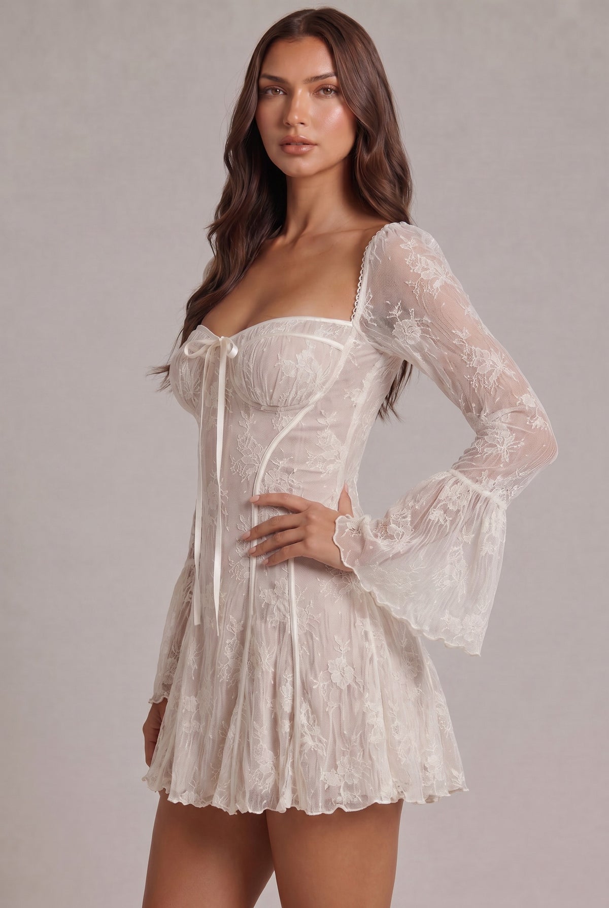 Lace Long Sleeve Corset Sweetheart Mini Dress