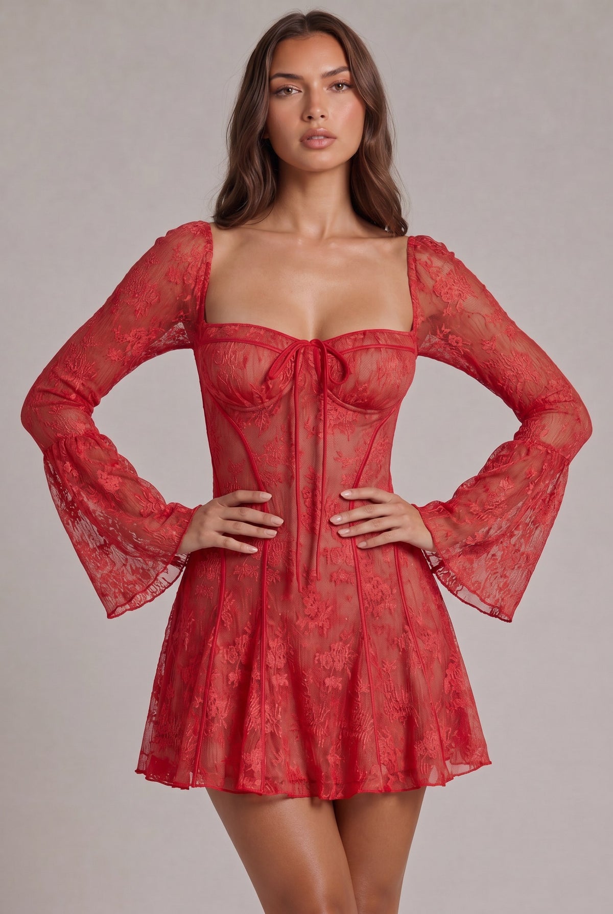Lace Long Sleeve Corset Sweetheart Mini Dress