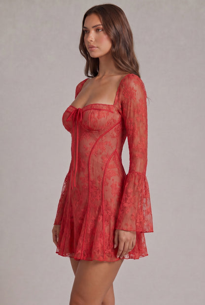 Lace Long Sleeve Corset Sweetheart Mini Dress