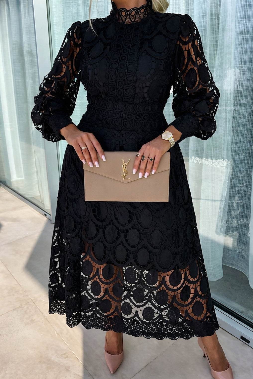Lace Long Sleeve Mock Neck Midi Dress