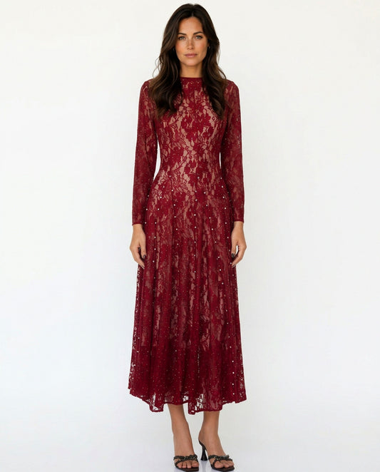Lace Long Sleeve Rhinestone Midi Dress
