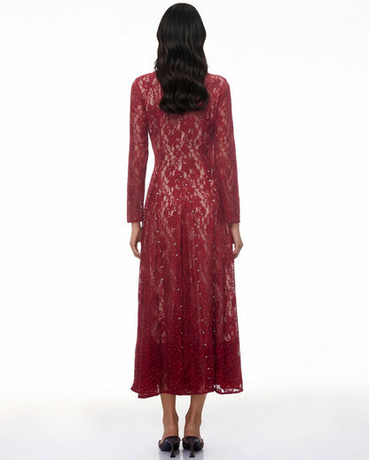 Lace Long Sleeve Rhinestone Midi Dress