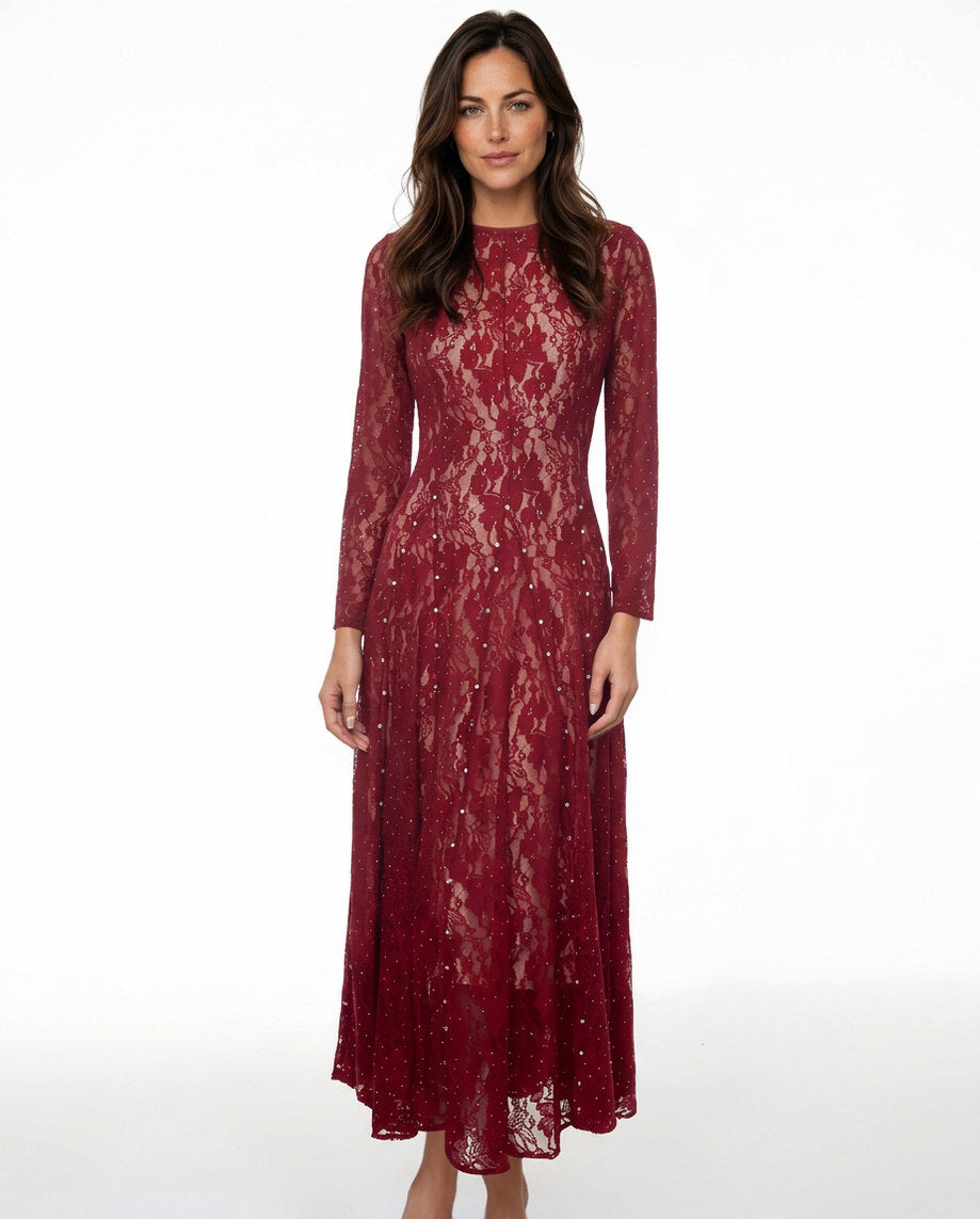 Lace Long Sleeve Rhinestone Midi Dress