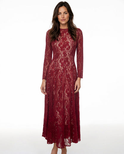 Lace Long Sleeve Rhinestone Midi Dress