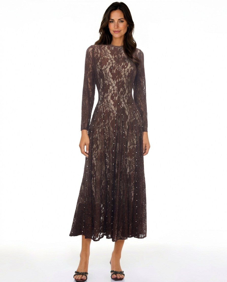 Lace Long Sleeve Rhinestone Midi Dress