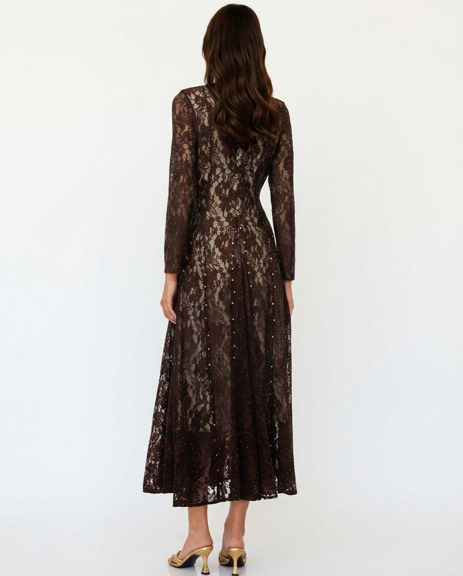 Lace Long Sleeve Rhinestone Midi Dress