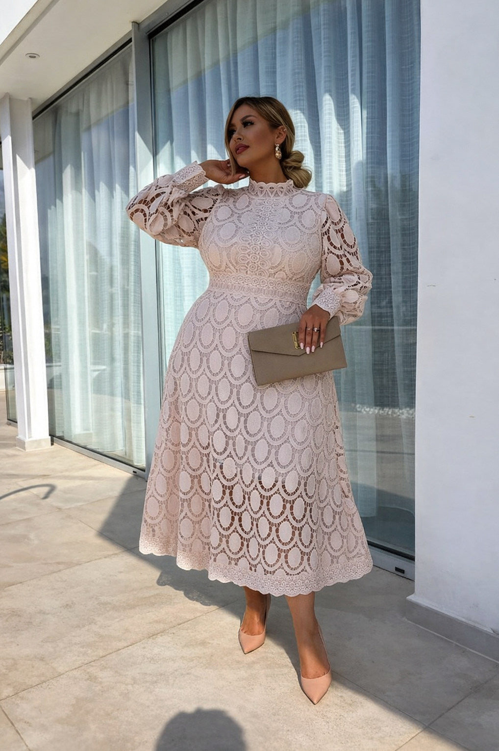 Lace Long Sleeve Mock Neck Midi Dress