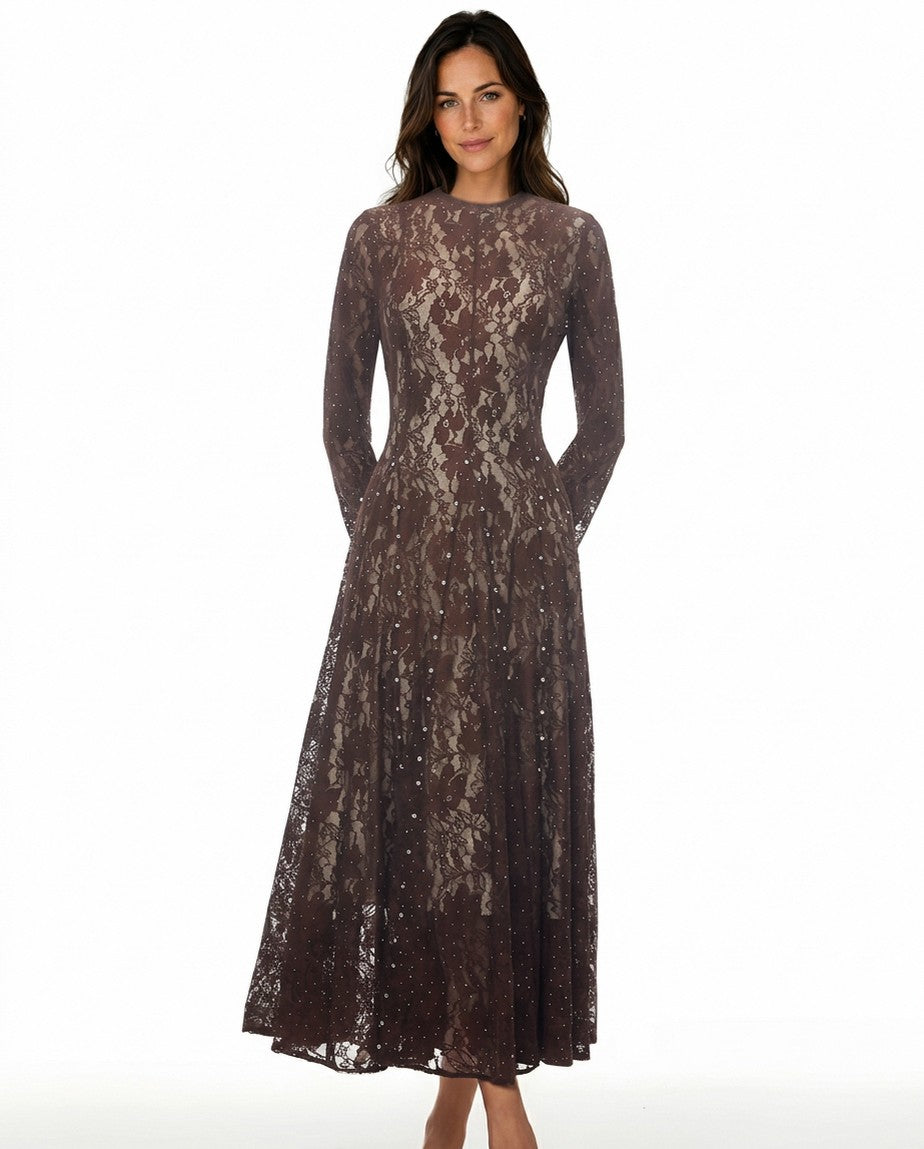 Lace Long Sleeve Rhinestone Midi Dress