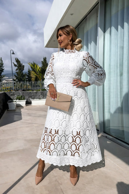 Lace Long Sleeve Mock Neck Midi Dress