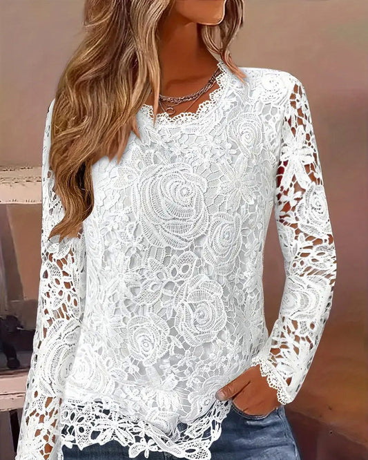 Lace Long Sleeve Scalloped Blouse