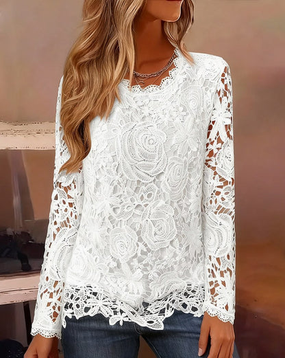Lace Long Sleeve Scalloped Blouse