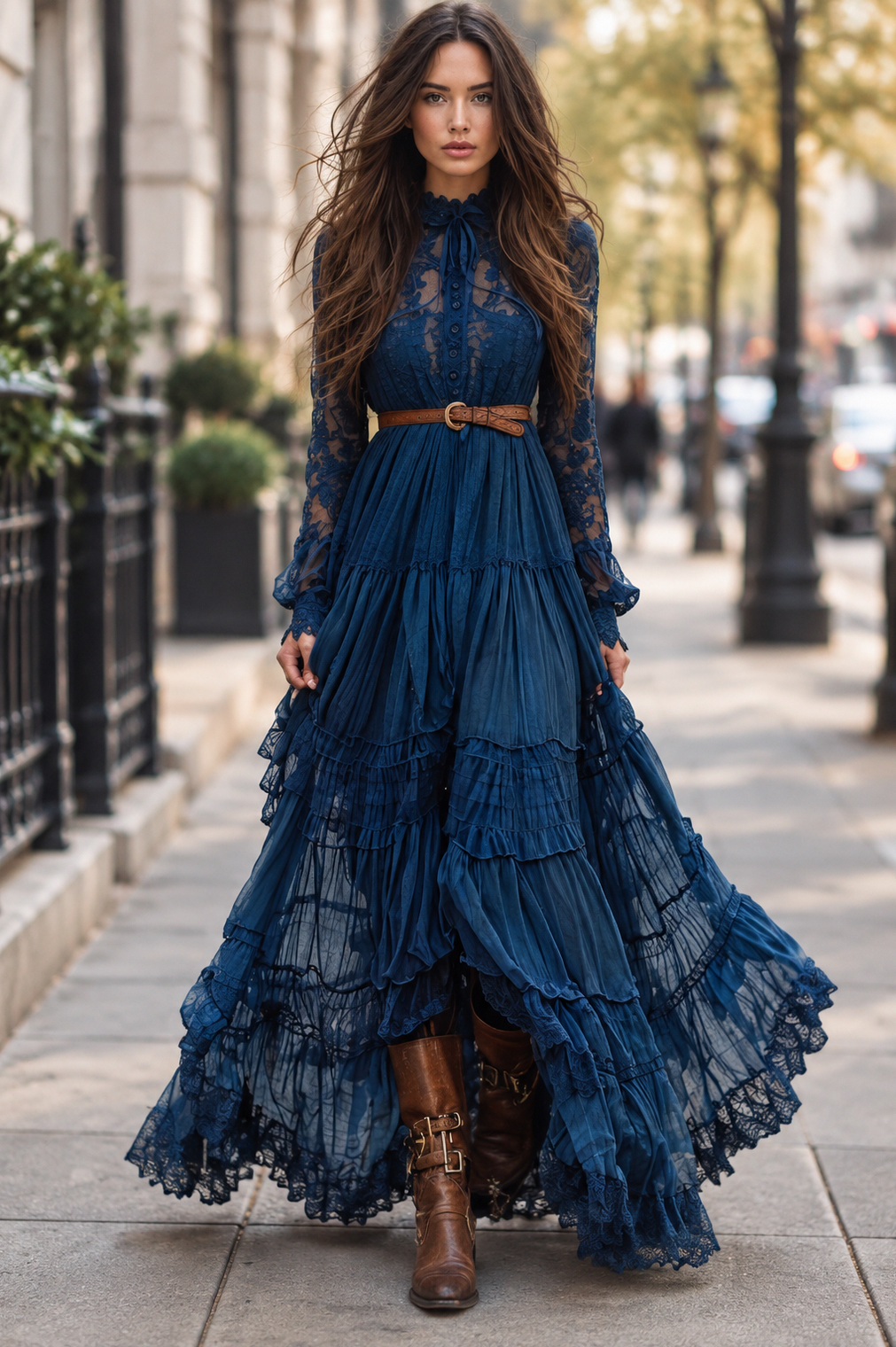 Lace Long Sleeve Tiered Maxi Dress