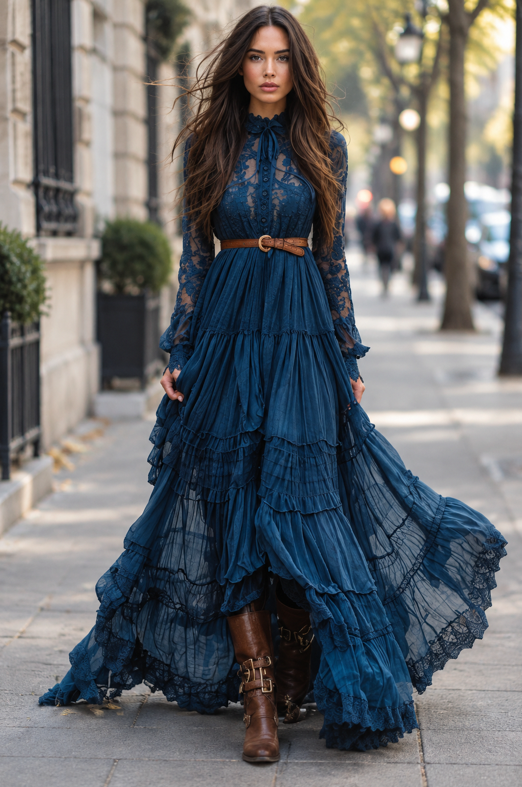 Lace Long Sleeve Tiered Maxi Dress