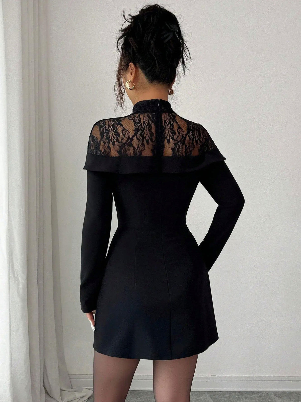 Lace Long Sleeve Mock Neck Ruched Mini Dress