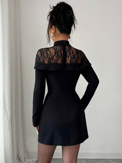 Lace Long Sleeve Mock Neck Ruched Mini Dress